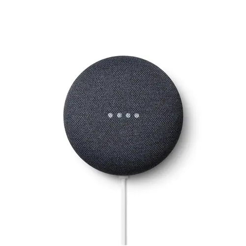 google nest speaker which is circle with four light indicators in the centre and wire pertruding from the base.